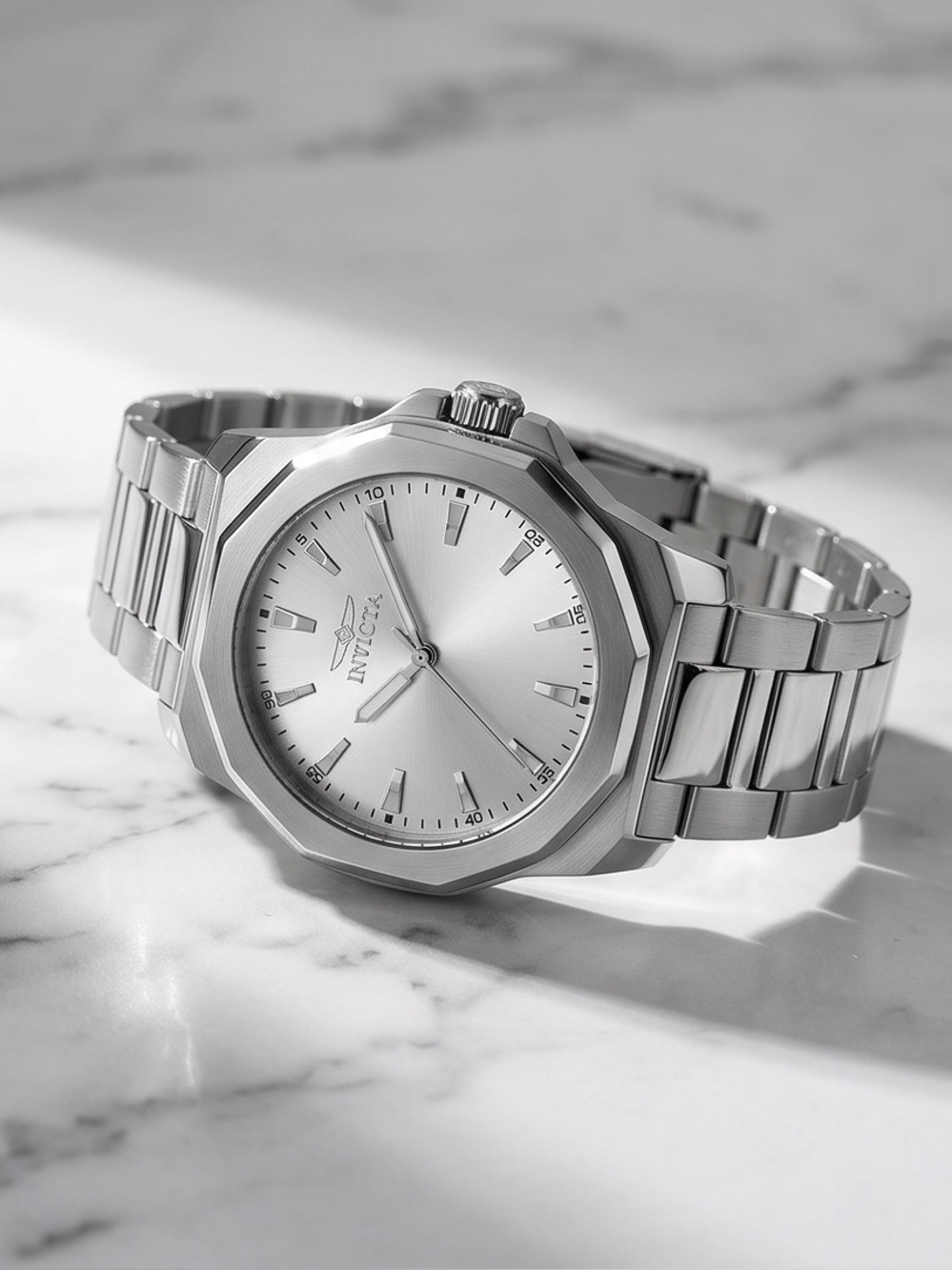Mens Invicta Silver Octagonal-Bezel Stainless Steel Watch